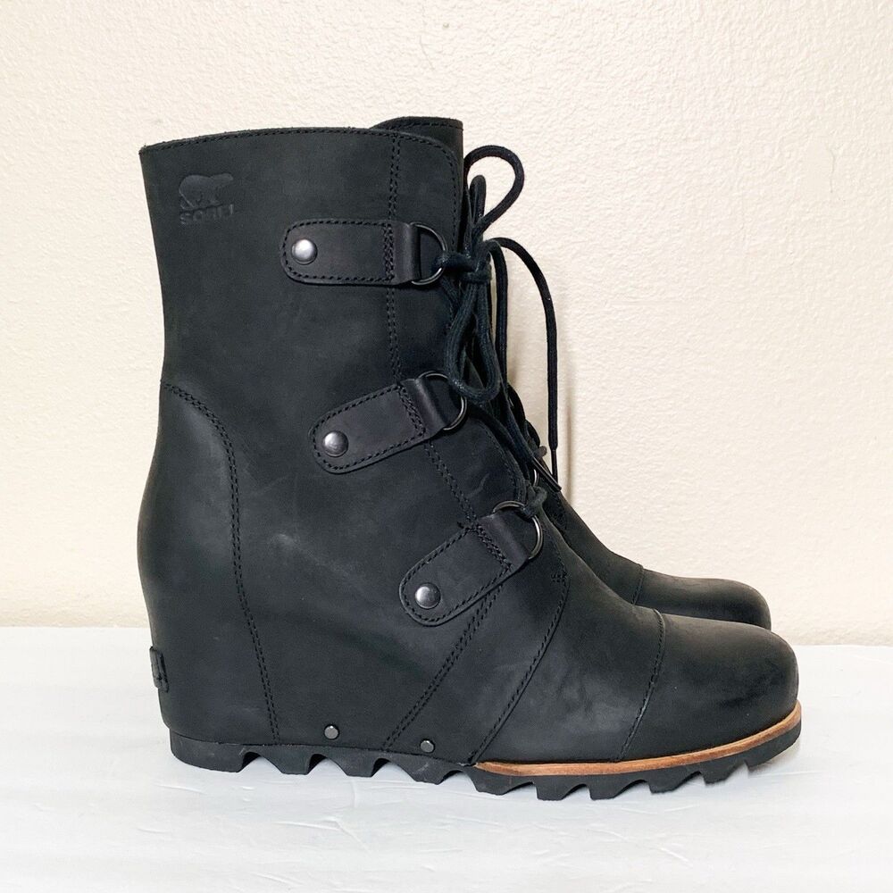 Sorel Joan of Artic Wedge Mid Women's 10 Black Leather Boots Booties Calf Length